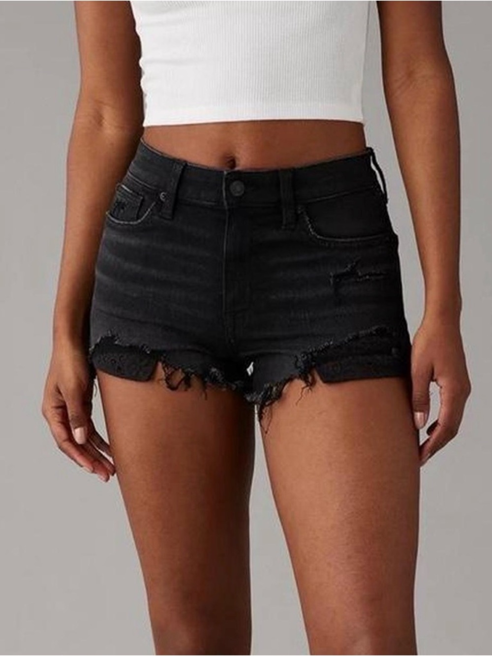 American Eagle Outfitters High Rise Shortie Next Level Black Distressed